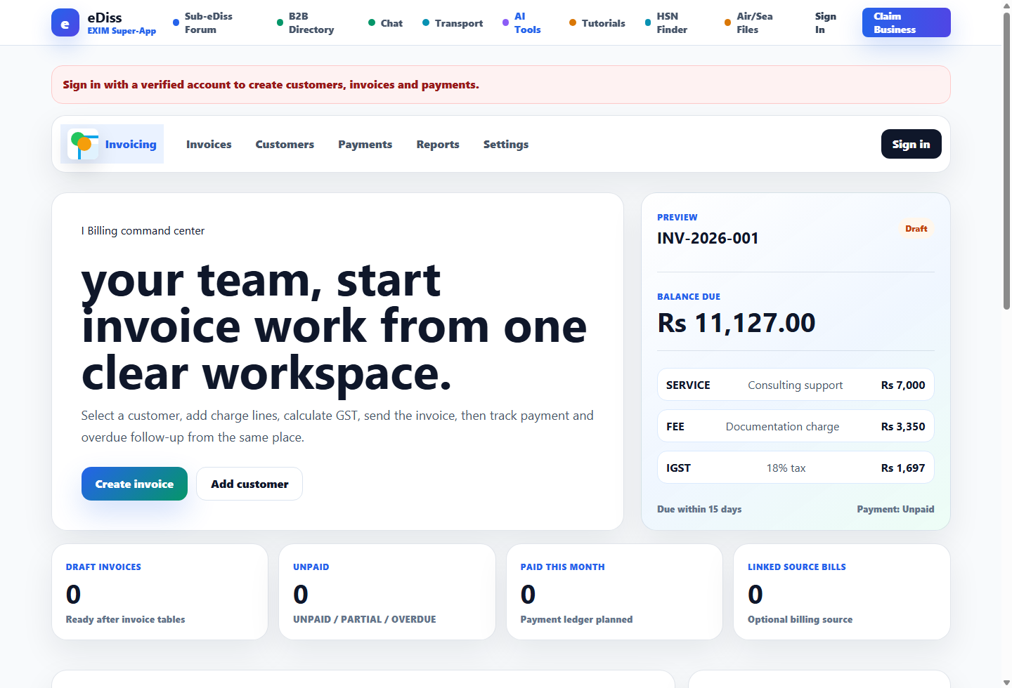 Invoicing workspace